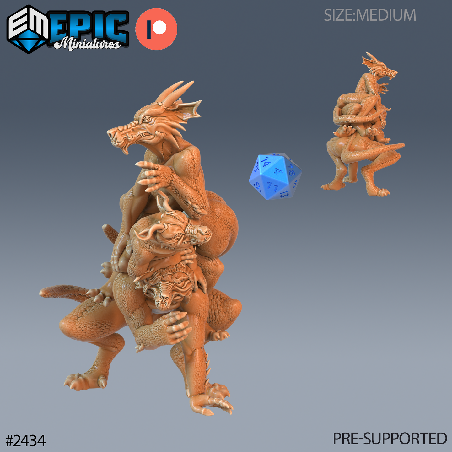 Digital render of a 32mm Winter Kobold Spy miniature — an athletic bipedal kobold gripping a small horned creature by the horns in a wrestling pose, tail curled for balance, jaws open, shown from front and rear against a grey gradient background with a blue d20 for scale reference.