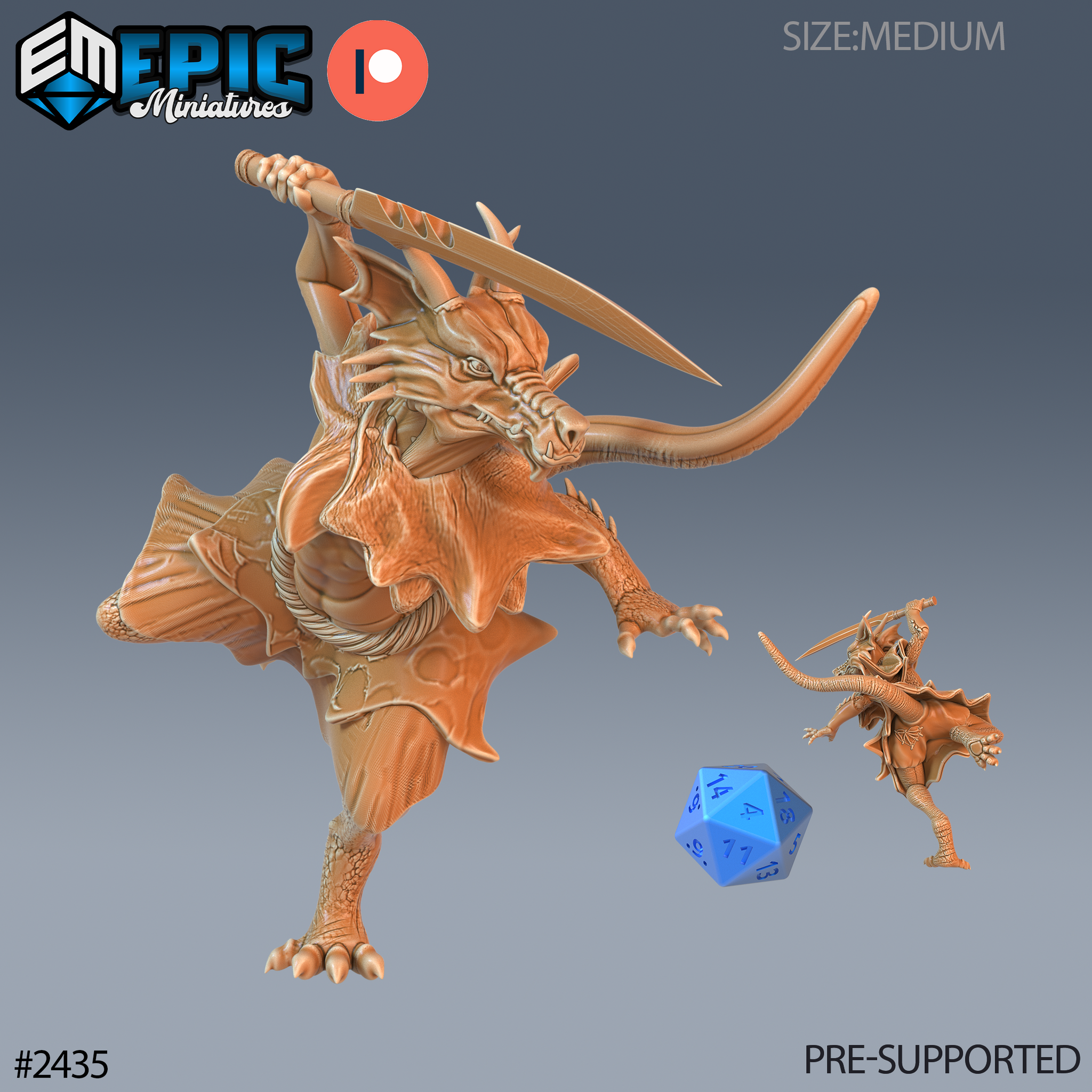 Digital render of a Winter Kobold Warrior miniature by Epic Miniatures, shown in warm amber resin tone. The kobold is posed in a dynamic dual-wield overhead strike, wings flared, clawed feet grounded, tail sweeping back for balance. A smaller scale reference version is shown beside a blue d20, confirming medium creature size. Pre-supported sculpt #2435.
