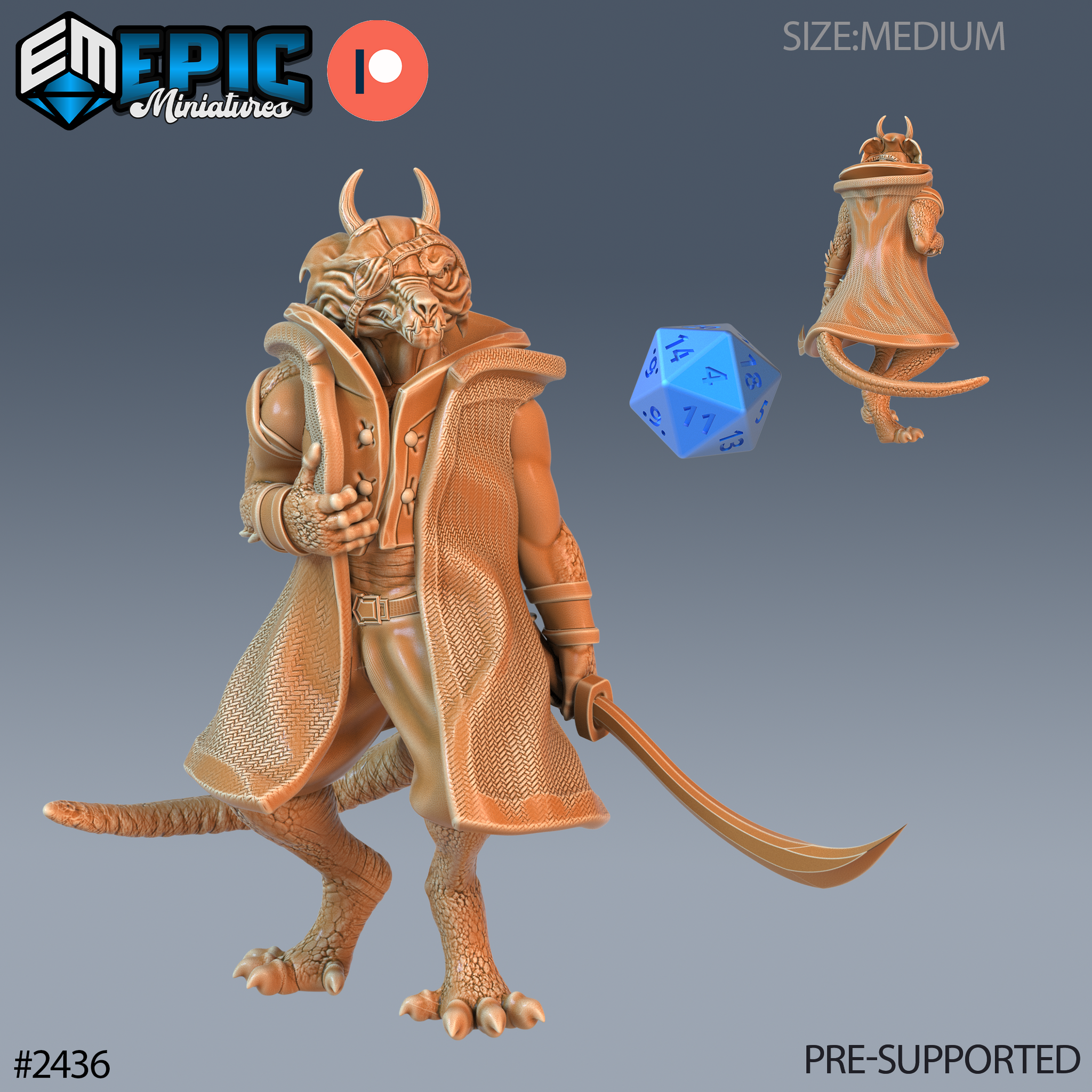 Digital render of an unpainted Winter Kobold Captain miniature at 32mm scale, shown from front and back. The kobold stands in a long woven coat with a broad collar, wearing a horned helm. A curved scimitar hangs at one side. Reptilian digitigrade legs and a tail are visible. A blue d20 die provides scale reference. Rendered in orange-tan by Epic Miniatures.