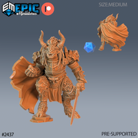 Digital render of the Wooly Minotaur Paladin miniature by Epic Miniatures — a large armoured minotaur with engraved plate armour, banded horns, dreadlock mane, snarling expression, a longsword lowered in one hand, and a billowing cape, shown alongside a rear view and a blue d20 scale reference on a cobblestone base