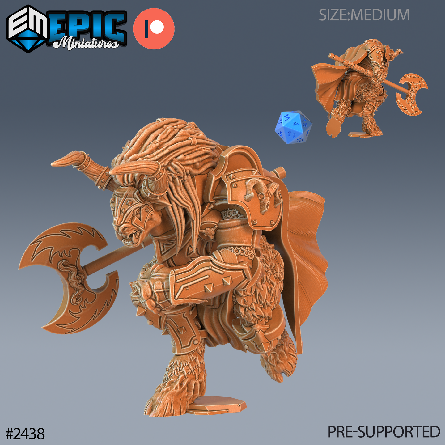 Unpainted orange resin 3D render of a Wooly Minotaur Paladin miniature by Epic Miniatures, shown in a charging pose wielding a large engraved double-headed axe, wearing heavy plate armour with a billowing cloak and long dreadlocked hair, with a secondary angled view and a d20 scale reference visible in the upper right corner, 32mm scale