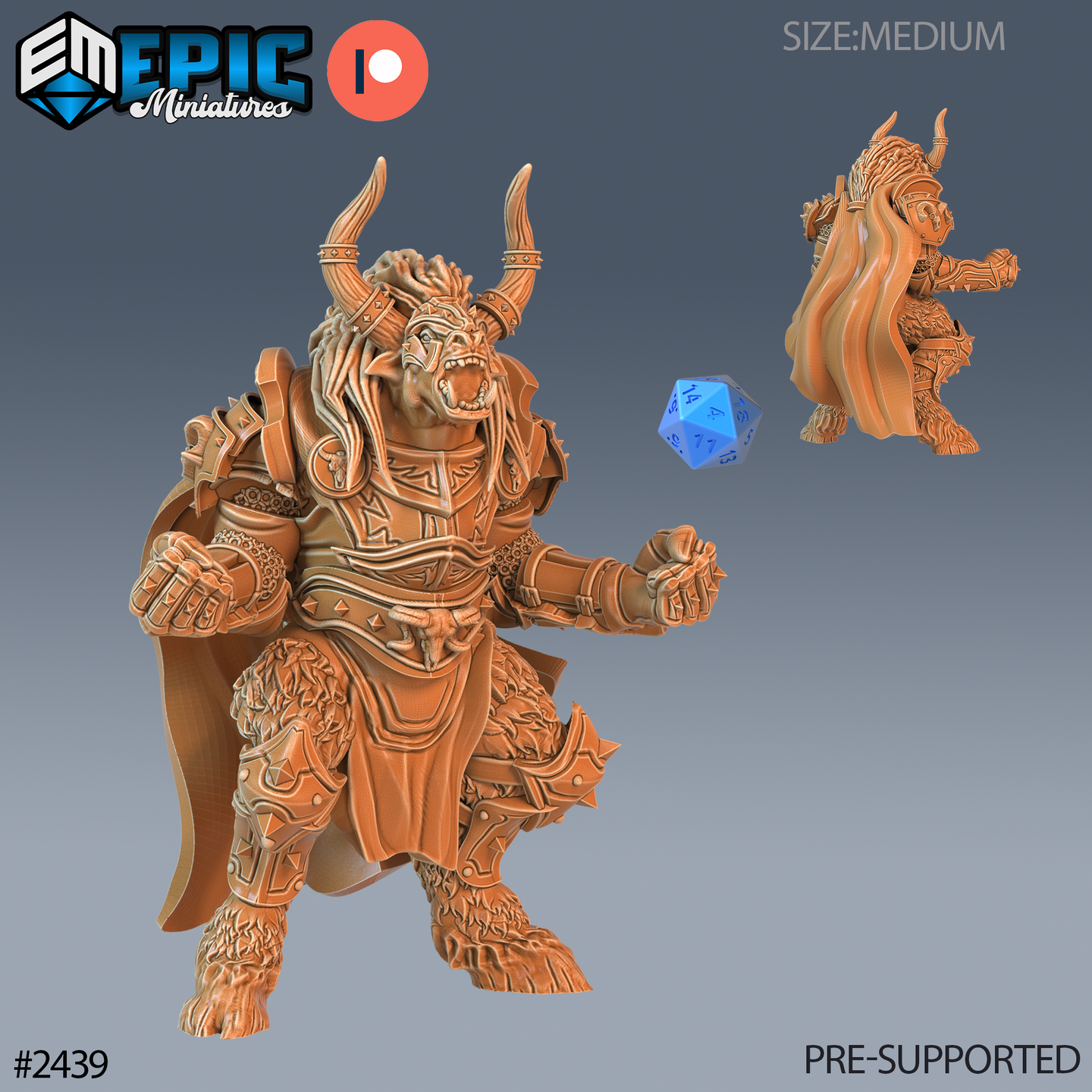 Digital render of a 32mm Wooly Minotaur Paladin miniature by Epic Miniatures, shown from the front. The figure is depicted in orange resin colouring and shows a broad, muscular minotaur in ornate engraved plate armour with studded pauldrons, a flowing cape, and banded horned helm. His mouth is open in a full roar, dreadlocked mane swept back, gauntleted fists raised. His lower half is covered in thick shaggy fur with cloven hooves. A blue d20 is shown for scale. A rear three-quarter view inset shows the dra