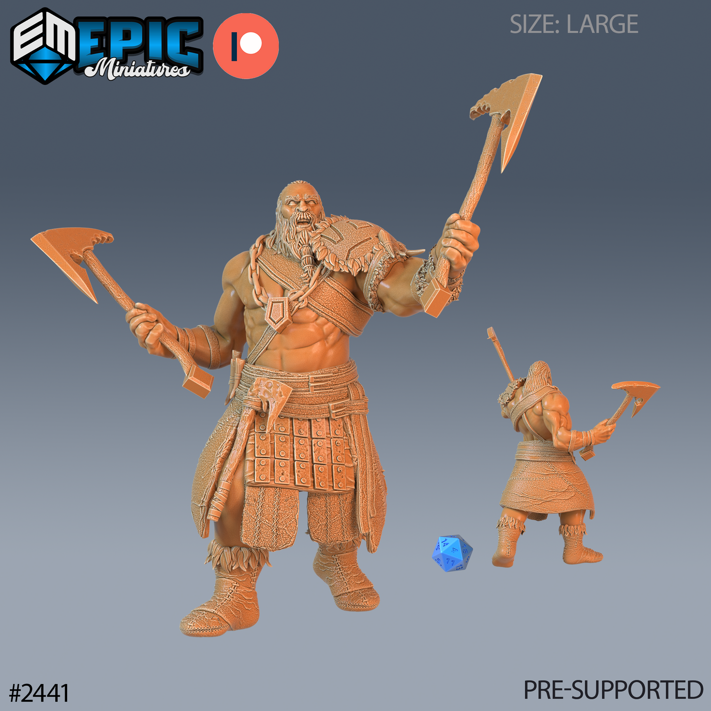 Digital render of a half frost giant resin miniature by Epic Miniatures, shown unpainted in orange resin at large scale. The figure is a powerfully built, bare-chested male with a braided beard and fur-trimmed pauldron, dual-wielding hand axes with arms raised aggressively. He wears a studded leather battle kilt, heavy chains across his chest, and fur-wrapped boots. A rear three-quarter view of the same sculpt is shown smaller to the right, alongside a blue d20 for scale reference. Labelled SIZE: LARGE and 