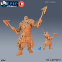 Digital render of a half frost giant resin miniature by Epic Miniatures, shown unpainted in orange resin at large scale. The figure is a powerfully built, bare-chested male with a braided beard and fur-trimmed pauldron, dual-wielding hand axes with arms raised aggressively. He wears a studded leather battle kilt, heavy chains across his chest, and fur-wrapped boots. A rear three-quarter view of the same sculpt is shown smaller to the right, alongside a blue d20 for scale reference. Labelled SIZE: LARGE and 