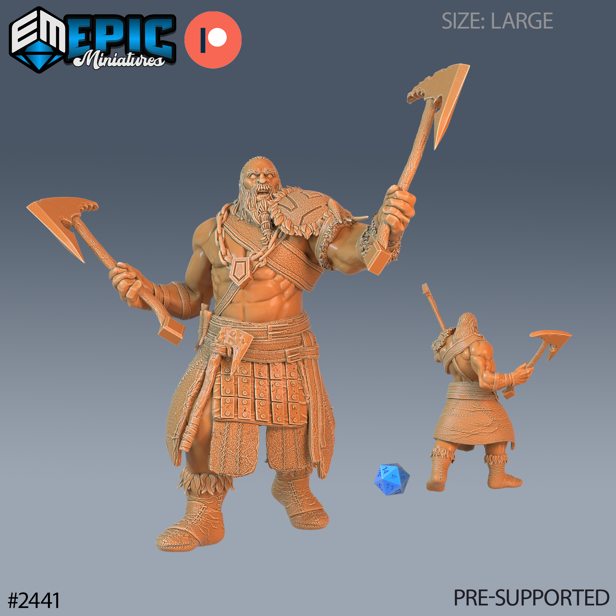 Digital render of a half frost giant resin miniature by Epic Miniatures, shown unpainted in orange resin at large scale. The figure is a powerfully built, bare-chested male with a braided beard and fur-trimmed pauldron, dual-wielding hand axes with arms raised aggressively. He wears a studded leather battle kilt, heavy chains across his chest, and fur-wrapped boots. A rear three-quarter view of the same sculpt is shown smaller to the right, alongside a blue d20 for scale reference. Labelled SIZE: LARGE and 