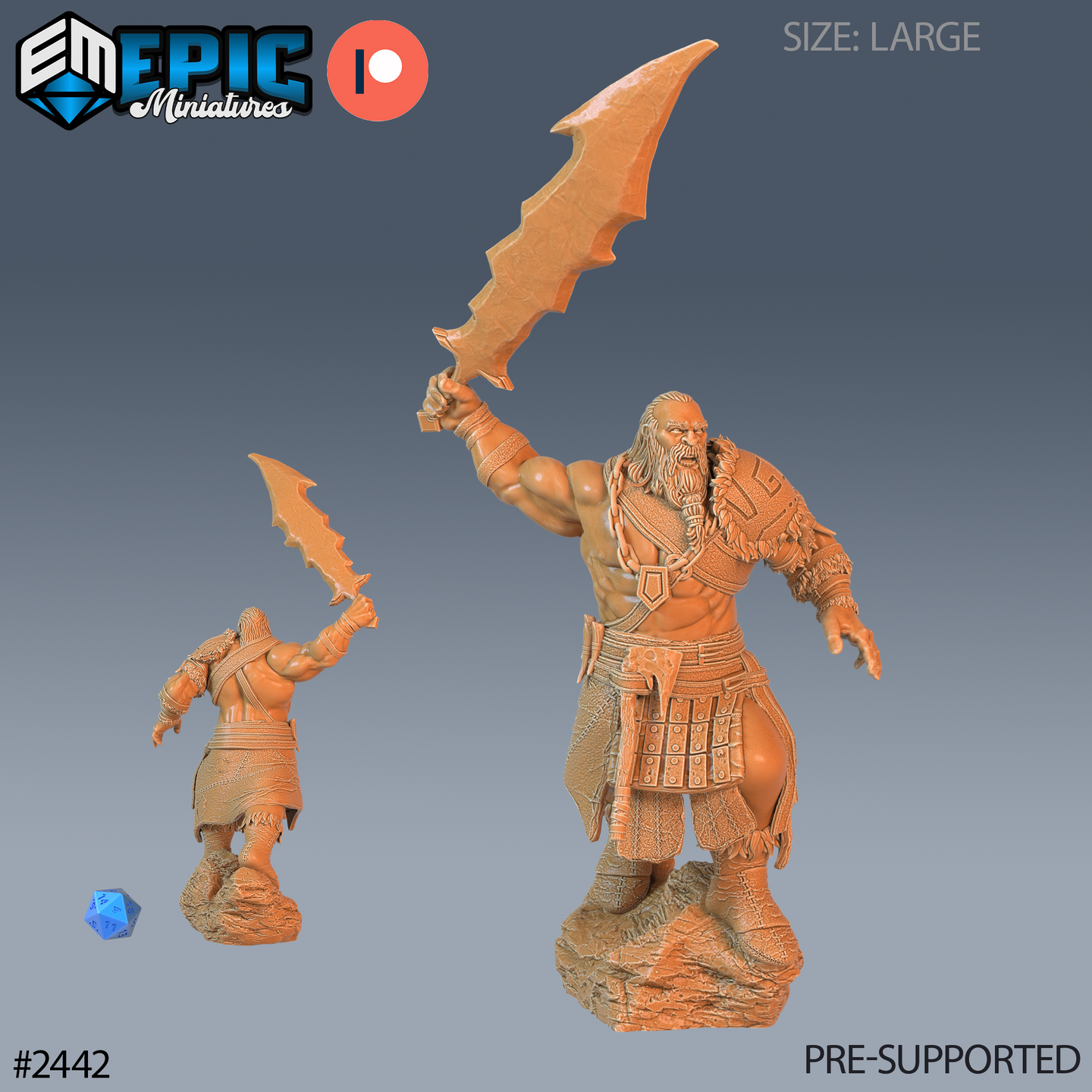 Digital render of an unpainted resin half frost giant miniature in orange-tan resin, shown from front and rear. The large-scale figure is mid-attack, raising a massive serrated bone blade overhead. He wears banded leather armour, a single pauldron, and wrist wrappings, with a bare torso and long flowing beard. Base is rocky broken ground. A blue d20 and smaller rear-view pose are shown for scale reference.