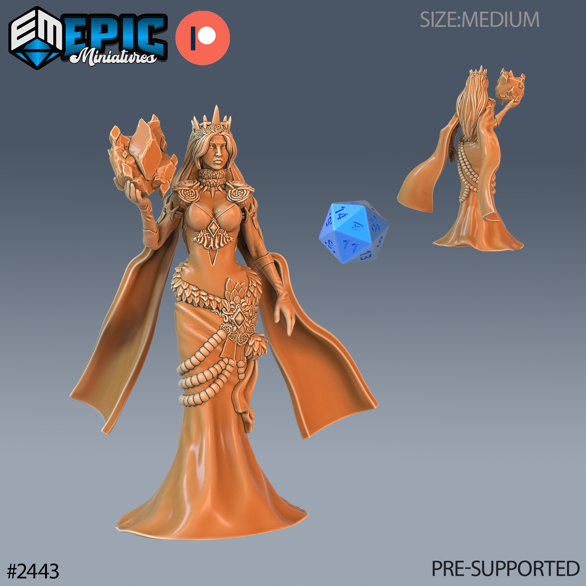 Digital render of the Ice Sorceress miniature by Epic Miniatures — a crowned female spellcaster in a flowing gown with rose-motif pauldrons and jewelled choker, raising a jagged mass of elemental ice in one hand. A blue d20 provides scale reference. Front and rear views shown. Pre-supported, medium size, 32mm scale.