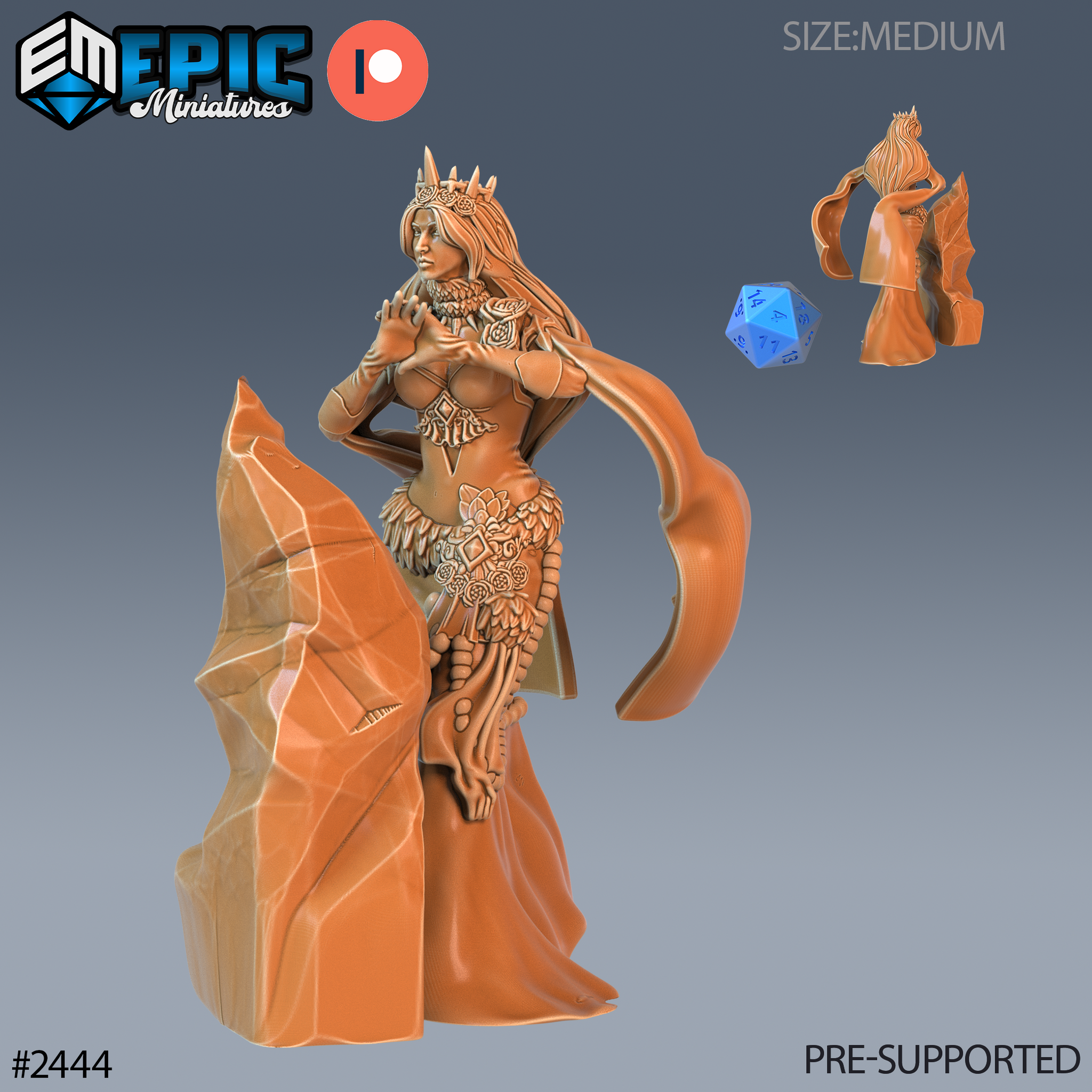 Digital render of an unpainted resin Ice Sorceress miniature at 32mm scale — a crowned female spellcaster in an elaborate feathered bodice and flowing cape, hands raised mid-incantation beside a large fractured crystal shard base, shown from front and rear angles with a d20 for scale reference