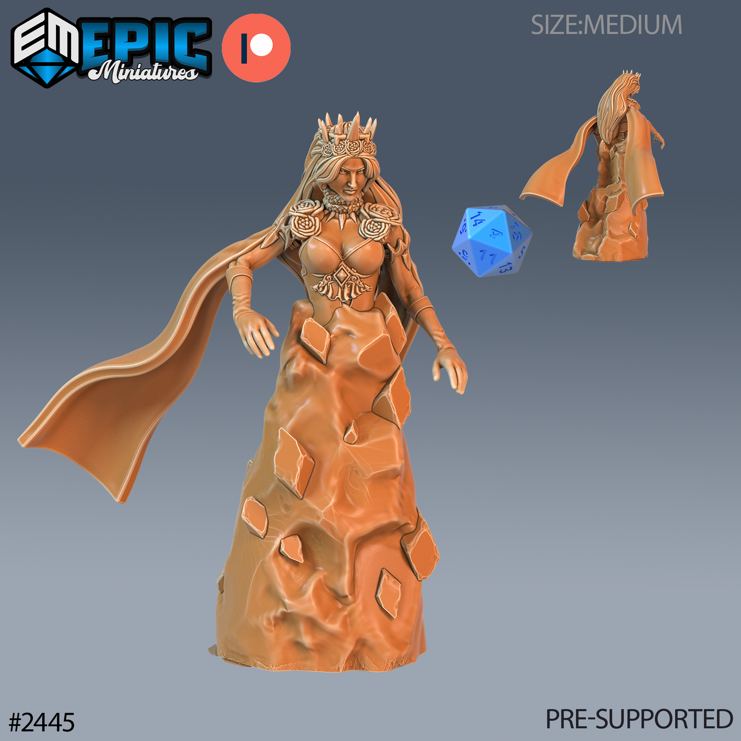 Digital render of an earth sorceress miniature at 32mm scale — a regal female figure whose lower body merges with cracked living rock, wearing a thorned crown, rose-motif pauldrons, and a flowing cape, with hands outstretched and a commanding expression; scale die and rear view shown alongside