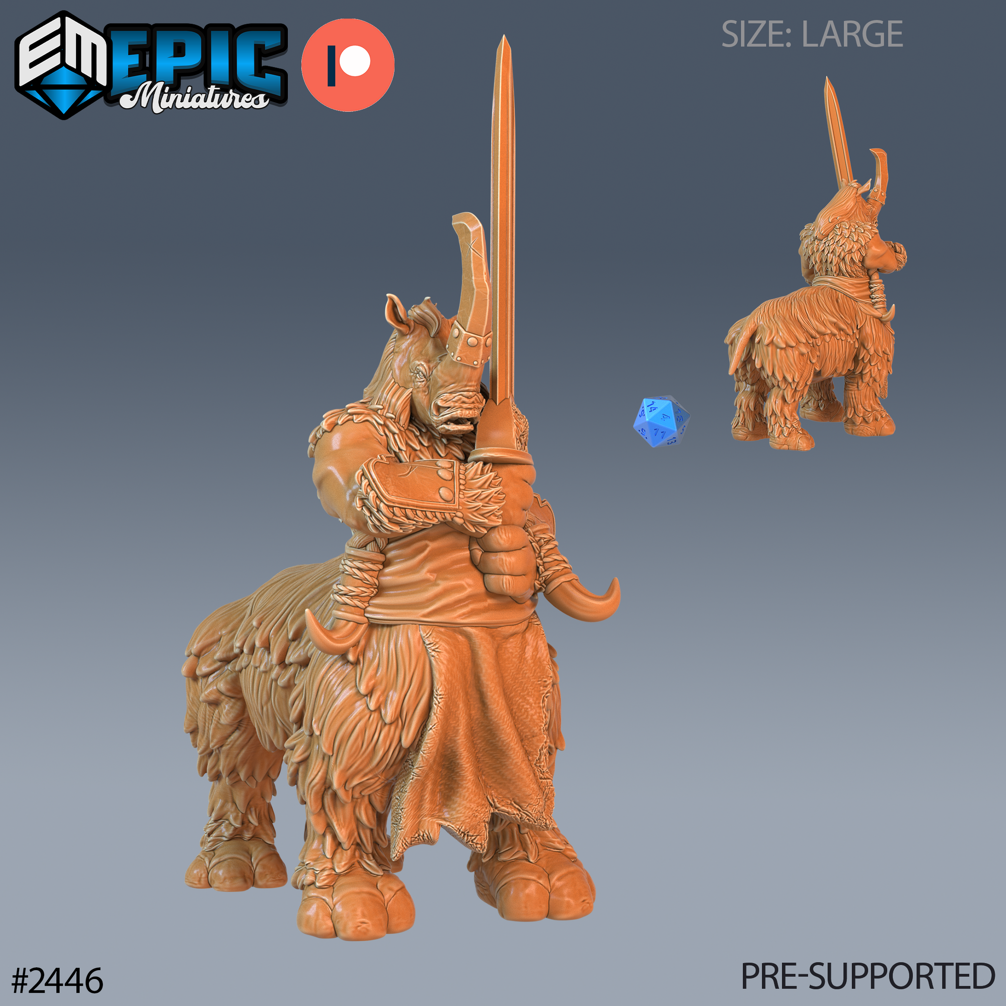 Digital render of an unpainted large-scale Rhino Centaur miniature holding a raised longsword, wearing layered leather armour with leaf detailing, shown from front and rear angles with a d20 for scale reference