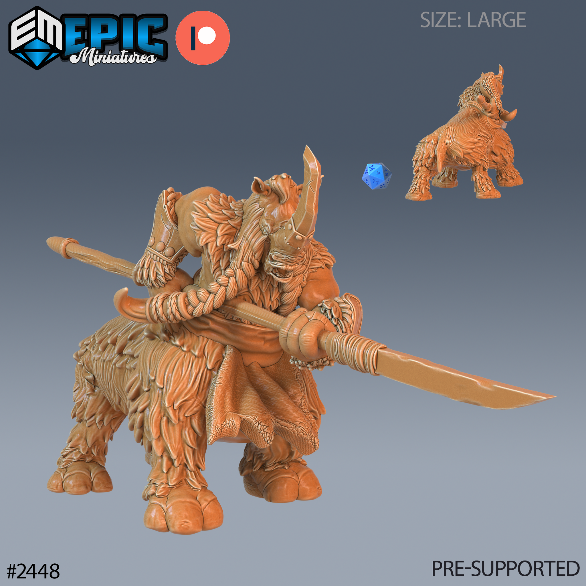 Digital render of an unpainted Rhino Centaur resin miniature by Epic Miniatures, shown in raw orange resin. The large-scale sculpt depicts a rhino-headed centaur warrior with a prominent horn, shaggy fur covering the lower body, rope-wrapped bracers and armour, holding a long spear horizontally. A small scale reference and secondary rear view are visible in the top right corner.