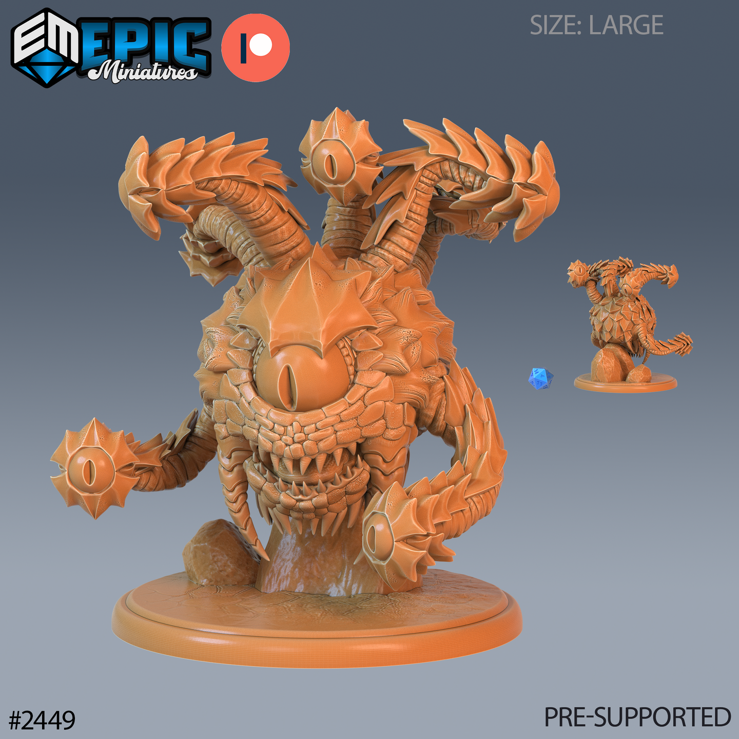 Digital render of the Frost Eye Tyrant miniature by Epic Miniatures — a large unpainted orange resin aberration creature with a wide fanged maw, a central chest eye, multiple tentacle limbs each topped with an ocular orb, heavy clawed fists bearing eye motifs, and layered chitinous scales, shown on a rocky oval base with a small 32mm scale reference miniature beside it