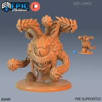 Digital render of the Frost Eye Tyrant miniature by Epic Miniatures — a large unpainted orange resin aberration creature with a wide fanged maw, a central chest eye, multiple tentacle limbs each topped with an ocular orb, heavy clawed fists bearing eye motifs, and layered chitinous scales, shown on a rocky oval base with a small 32mm scale reference miniature beside it