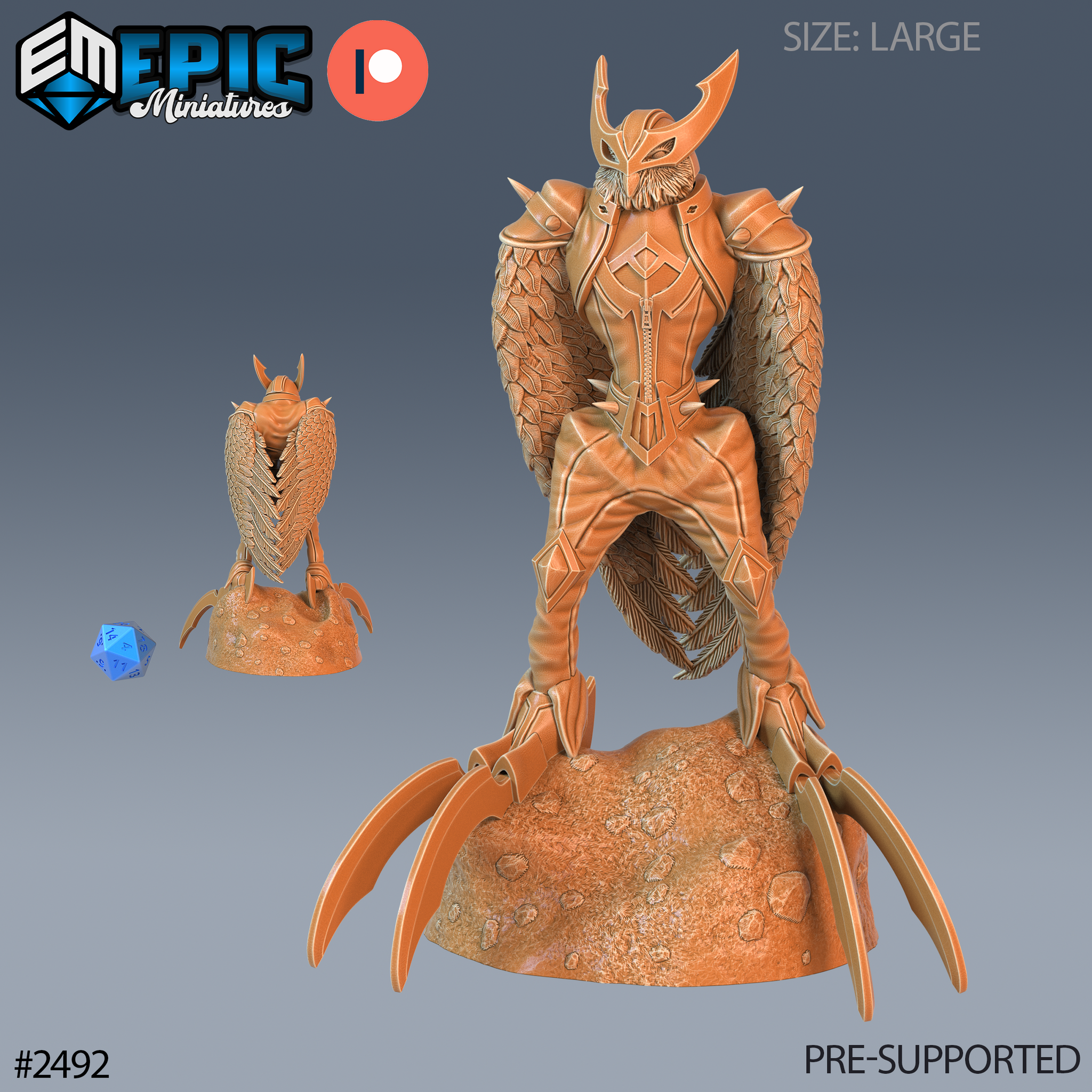 Armoured owl harpy standing upright on a rocky base, broad feathered wings swept back, wearing a horned beaked helmet and overlapping scale-plate armour, with large raptor talons gripping the stone. Sculpt by Epic Miniatures.