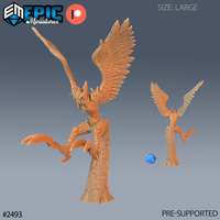 Owl Harpy miniature perched on a sculpted tree-stump base, one leg raised mid-attack, broad feathered wings fully spread, wearing an owl-styled horned helm and armoured pauldrons. Sculpt by Epic Miniatures.
