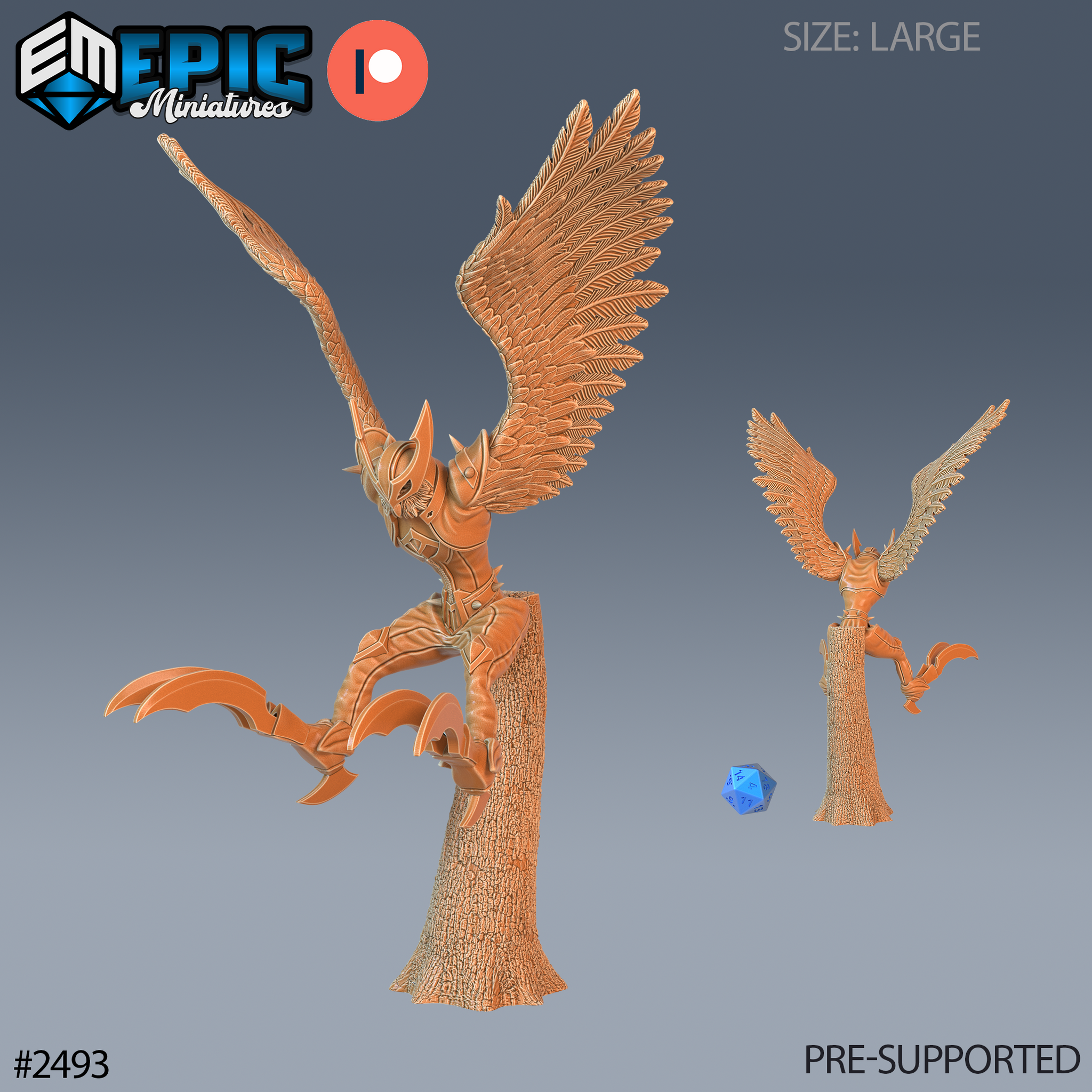 Owl Harpy miniature perched on a sculpted tree-stump base, one leg raised mid-attack, broad feathered wings fully spread, wearing an owl-styled horned helm and armoured pauldrons. Sculpt by Epic Miniatures.
