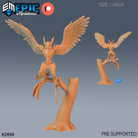 Owl Harpy miniature by Epic Miniatures — winged humanoid perched on a tree trunk base, wings spread wide, taloned feet gripping a branch, angular armoured torso, owl-masked face.