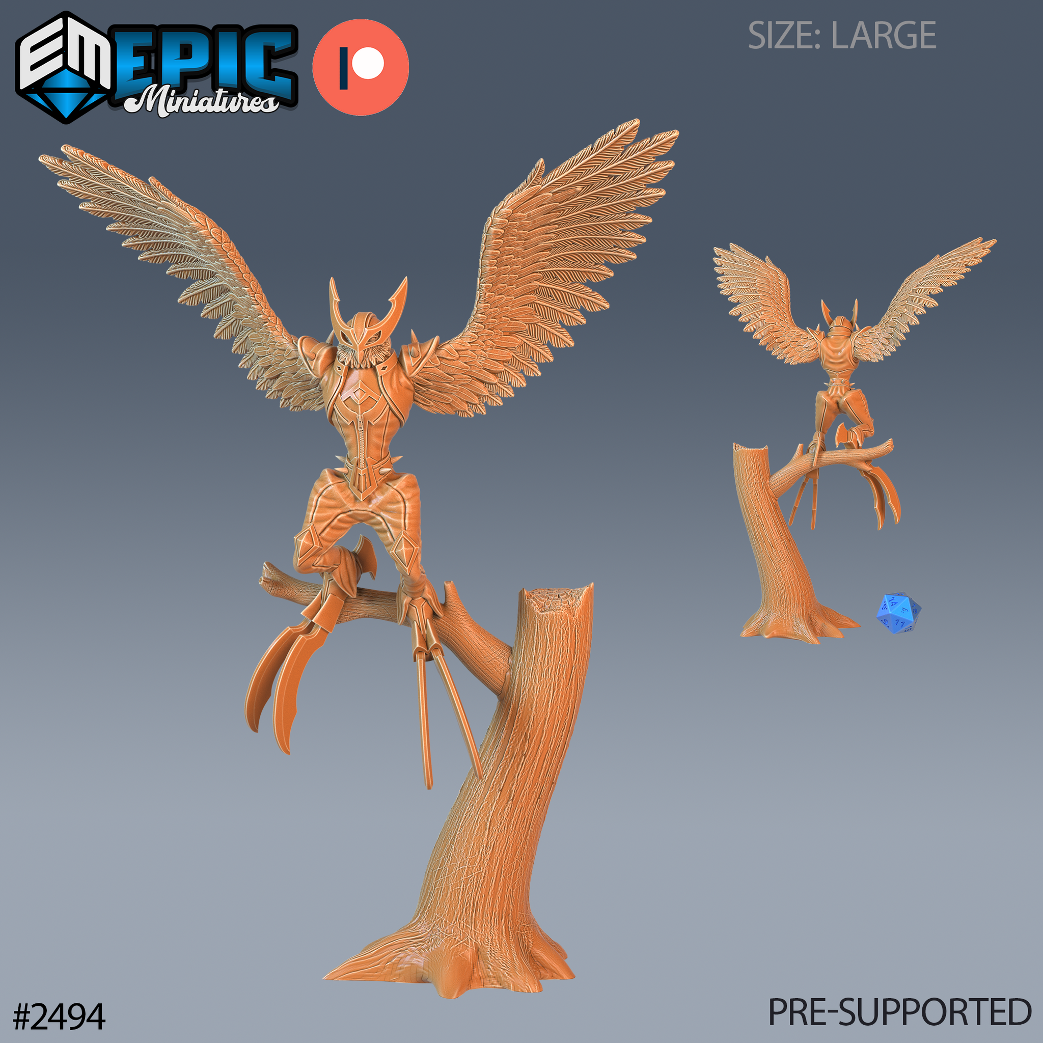Owl Harpy miniature by Epic Miniatures — winged humanoid perched on a tree trunk base, wings spread wide, taloned feet gripping a branch, angular armoured torso, owl-masked face.