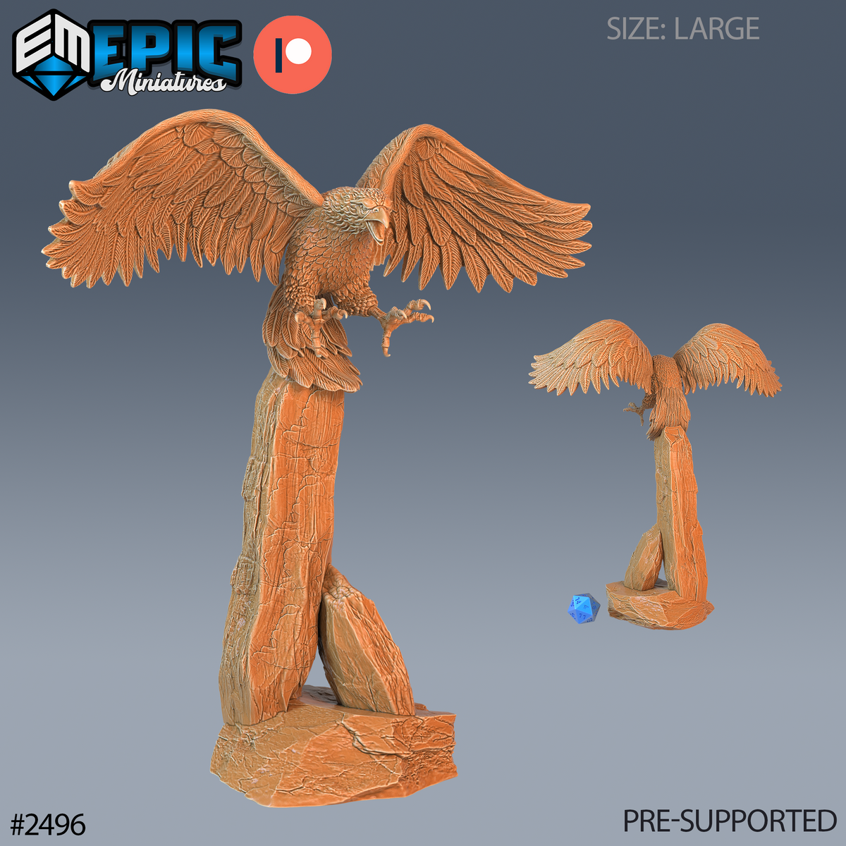 Roc Hatchling sculpt by Epic Miniatures — large raptor-like bird with wings spread wide, beak open in a screech, talons extended over a rugged sculpted cliff-rock base. Detailed feather work across each wing. Size comparison die shown beside a smaller-scale reference render of the same piece.