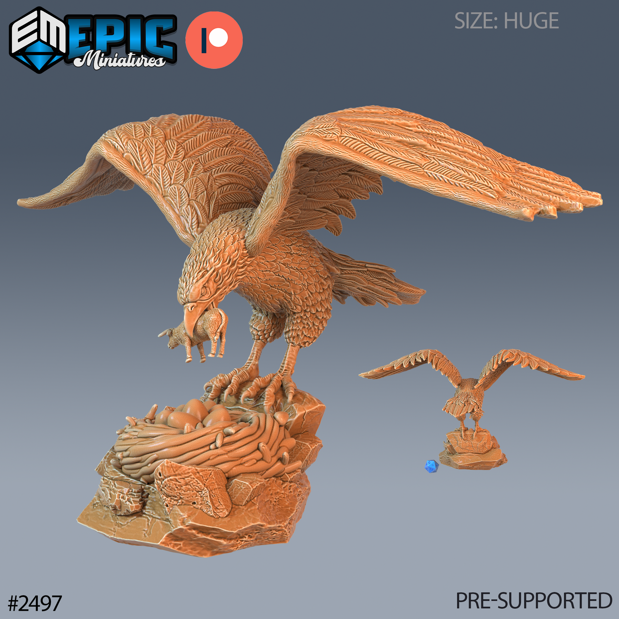 Adult Roc with wings fully spread, head angled downward, one talon gripping a small sheep. Perched on a detailed rocky nest with eggs. Sculpt by Epic Miniatures.