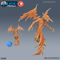 Air Mephit miniature by Epic Miniatures — gaunt winged creature with a sharp beak, hollow eyes, long taloned fingers, and a lower body dissolving into wind-torn ribbons of sinew, arms spread wide in a hovering pose. A size-comparison render shows the same sculpt beside a standard miniature. Sculpt by Epic Miniatures.