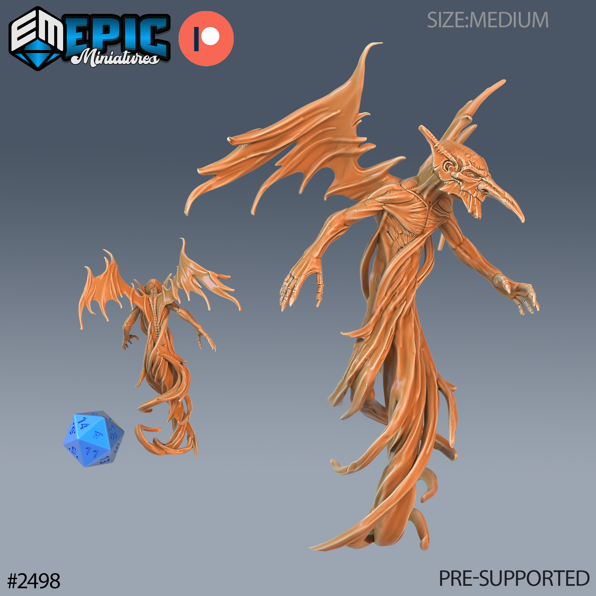Air Mephit miniature by Epic Miniatures — gaunt winged creature with a sharp beak, hollow eyes, long taloned fingers, and a lower body dissolving into wind-torn ribbons of sinew, arms spread wide in a hovering pose. A size-comparison render shows the same sculpt beside a standard miniature. Sculpt by Epic Miniatures.