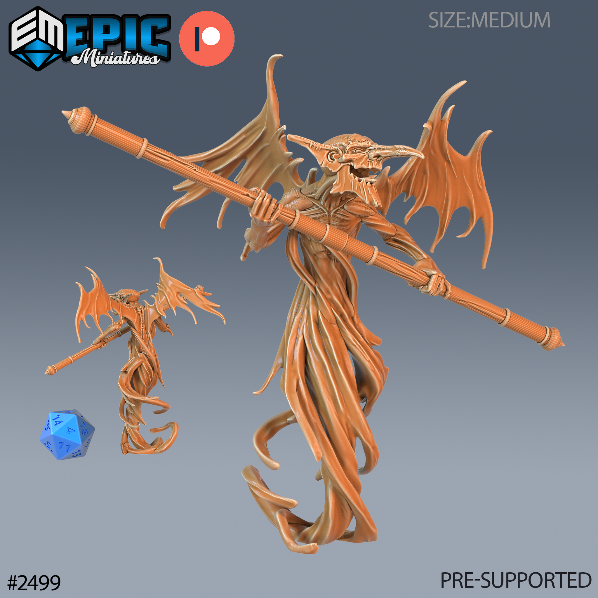 Gaunt winged mephit gripping a long staff diagonally across its torso, large bat-like wings spread wide, wearing tattered flowing robes, sharp beaked face, by Epic Miniatures.