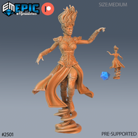 Wind Genasi female figure by Epic Miniatures, arms outstretched mid-flight, ornate filigree corset, billowing skirts, wild flame-like hair rising from a tiara headpiece, mounted on a swirling vortex base.