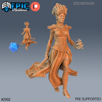 Wind Genasi female miniature mid-stride, wearing ornate filigree bodice armour and a tall ceremonial headdress, staff trailing in one hand, the other extended with a coiling energy detail. Sculpt by Epic Miniatures.