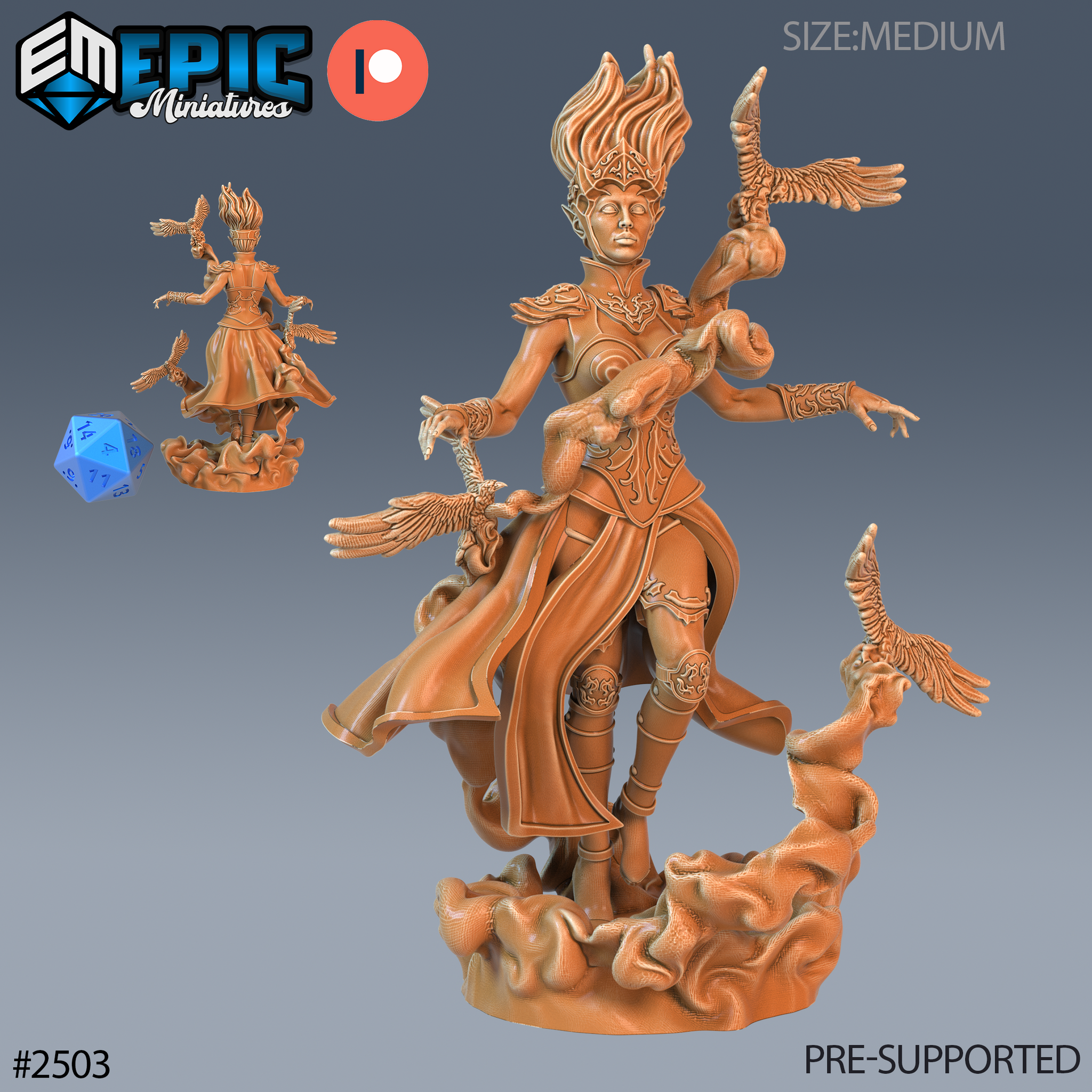 Four-armed Wind Genasi sorceress with flame-like hair rising above a crown headdress, a serpent coiled at her waist, two eagles held aloft in her hands and a third emerging from the swirling elemental base. Sculpt by Epic Miniatures.