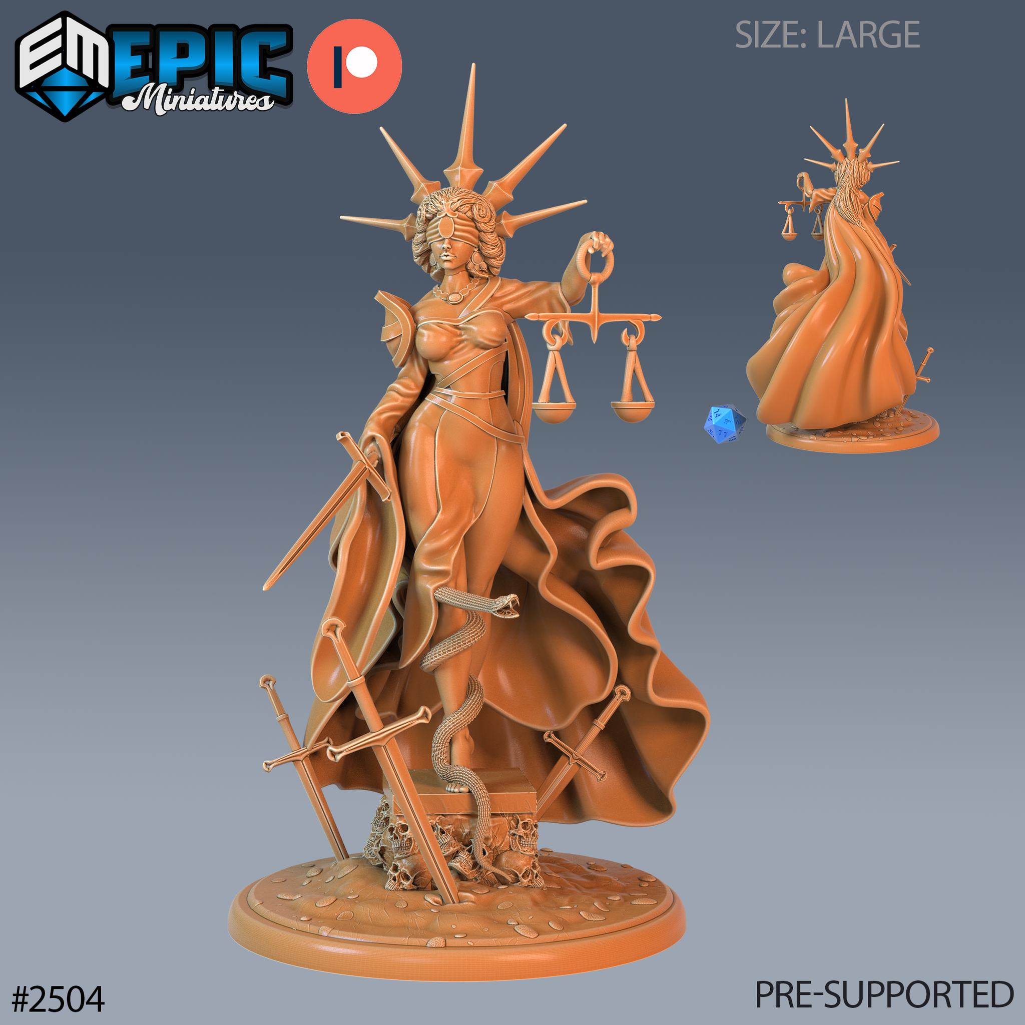 Blindfolded female figure wearing a spiked sunburst crown, raising scales of justice in one hand, robes billowing over a base of skulls and crossed swords with a coiling serpent. Sculpt by Epic Miniatures.