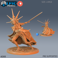 Blindfolded female warrior lunging forward with a longsword extended, wearing flowing robes and a radiant spike crown. Sculpt by Epic Miniatures.