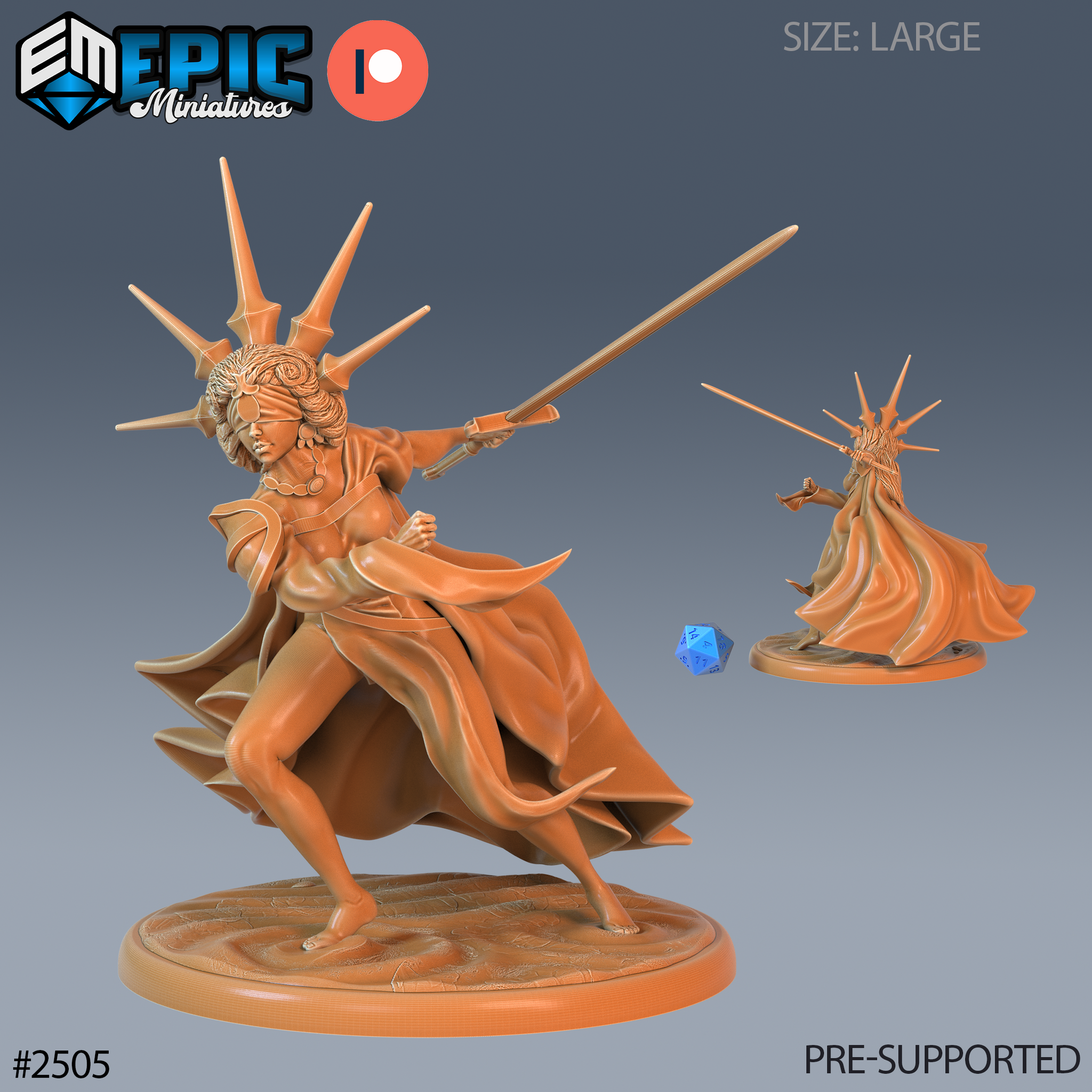 Blindfolded female warrior lunging forward with a longsword extended, wearing flowing robes and a radiant spike crown. Sculpt by Epic Miniatures.