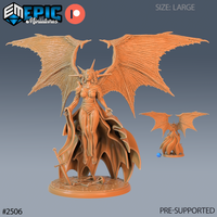 Winged fallen angel miniature with large leathery bat wings spread wide, wearing flowing robes, horned crown, clawed hand outstretched. Scenic base with broken swords. By Epic Miniatures.
