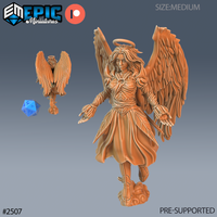 Winged female angel with halo, one arm raised overhead and one extended forward with open palm, wearing laced bodice and flowing robes, standing on a sculpted cloud base. Sculpt by Epic Miniatures.