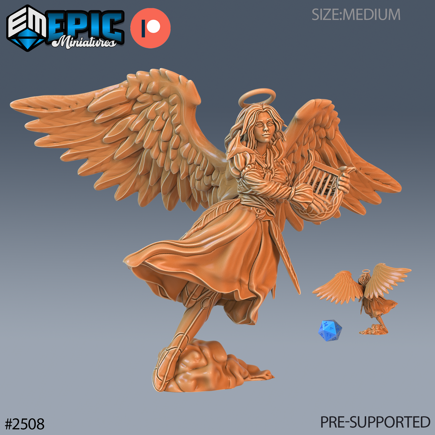 Winged female angel miniature striding forward, cradling a lyre, long hair loose beneath a sculpted halo, robes billowing, armoured bracers visible, standing on a rocky cloud base. By Epic Miniatures.