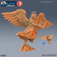 Winged female angel miniature striding forward, cradling a lyre, long hair loose beneath a sculpted halo, robes billowing, armoured bracers visible, standing on a rocky cloud base. By Epic Miniatures.