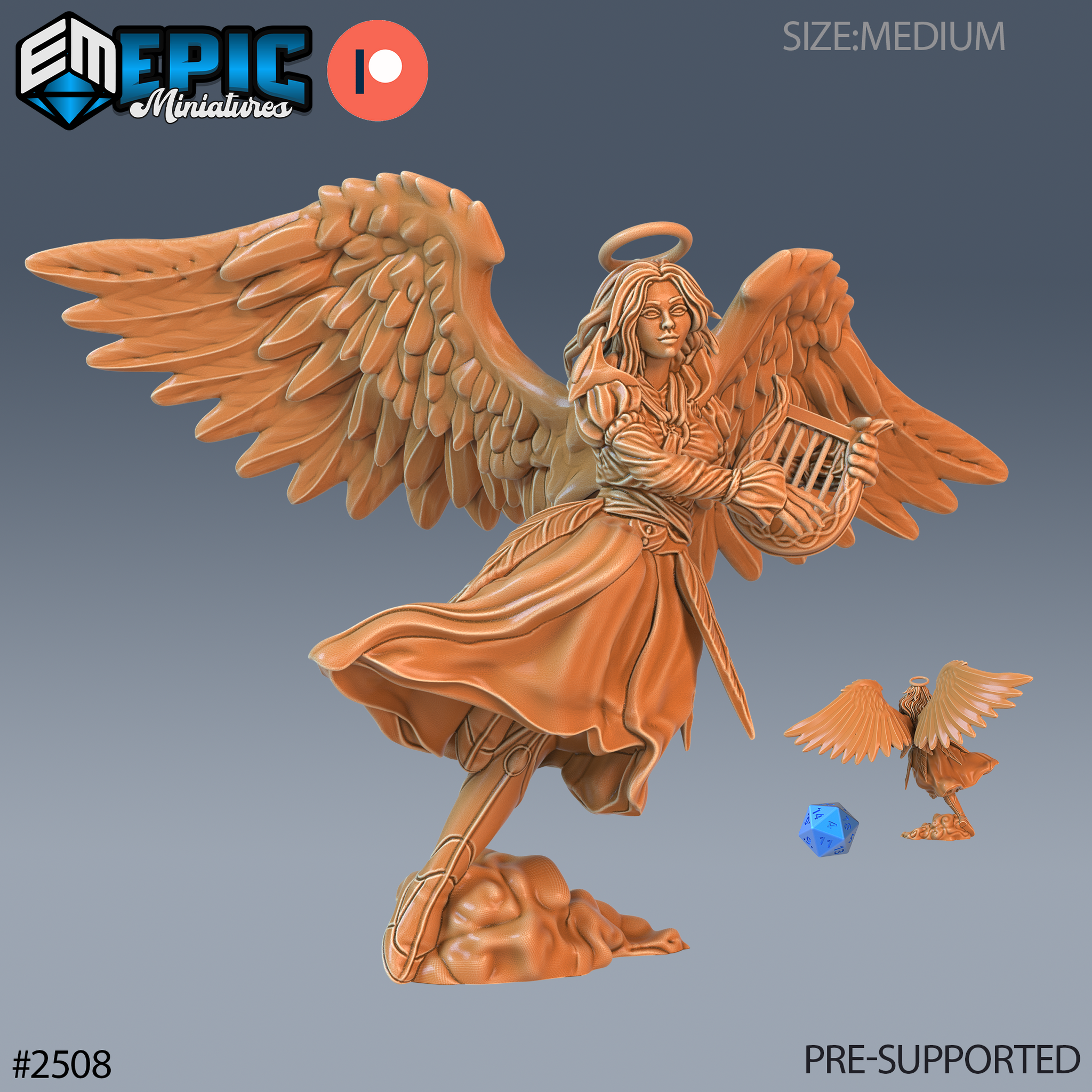 Winged female angel miniature striding forward, cradling a lyre, long hair loose beneath a sculpted halo, robes billowing, armoured bracers visible, standing on a rocky cloud base. By Epic Miniatures.