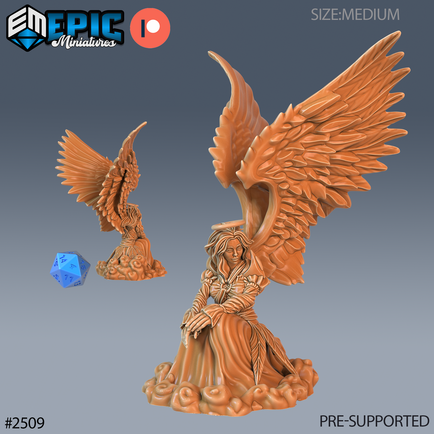 Seated winged angel with long flowing robes and hair, hands folded in her lap, enormous feathered wings spread wide overhead, resting on a sculpted billowing cloud base. Sculpt by Epic Miniatures.