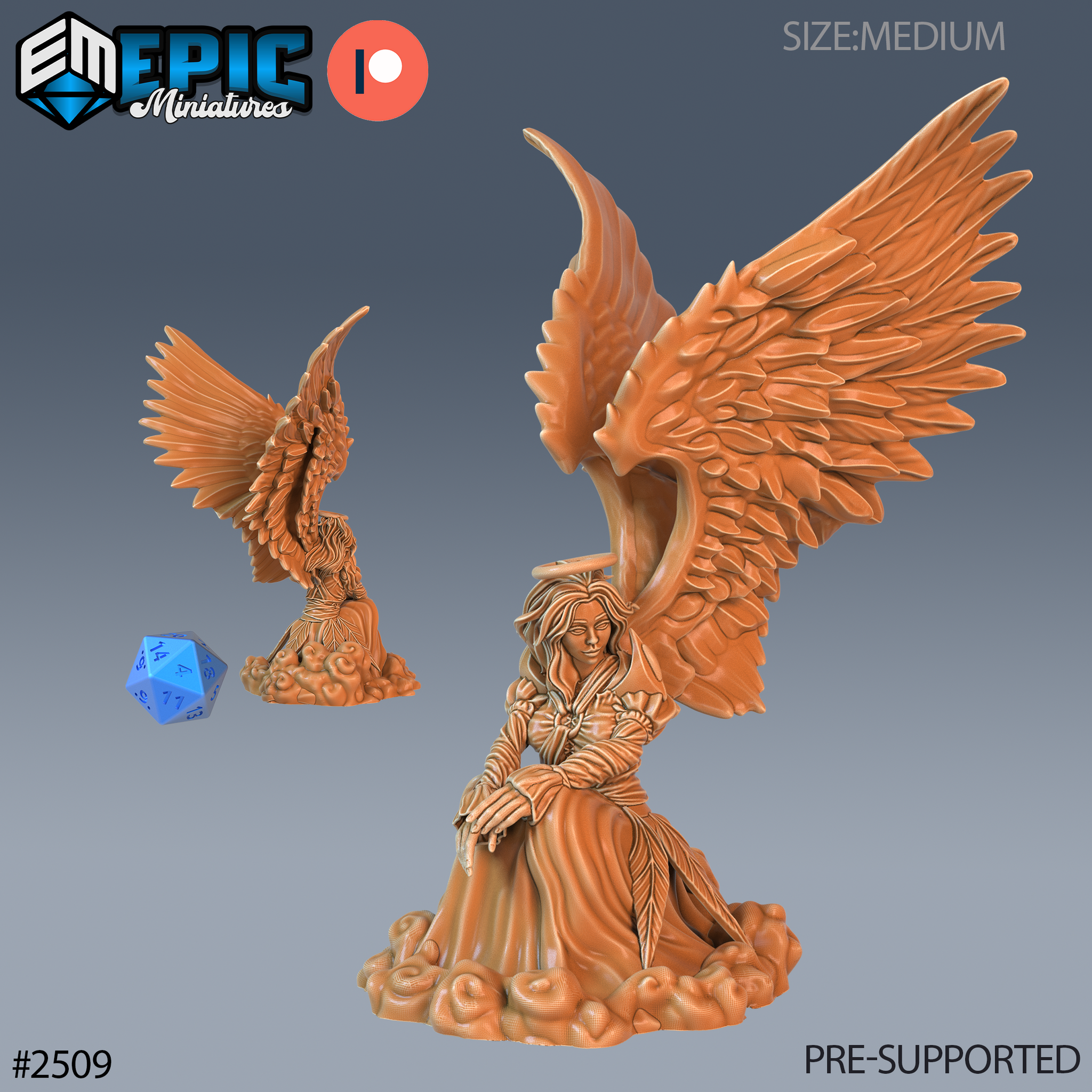Seated winged angel with long flowing robes and hair, hands folded in her lap, enormous feathered wings spread wide overhead, resting on a sculpted billowing cloud base. Sculpt by Epic Miniatures.