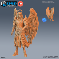 Male angel miniature standing upright, large feathered wings spread wide behind him, halo above long flowing hair, wearing layered robes with armoured chest and greaves. Sculpt by Epic Miniatures.