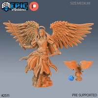 Winged male angel with two swords raised, wearing layered flowing robes, large spread feathered wings, standing on a rocky scenic base. Sculpt by Epic Miniatures.