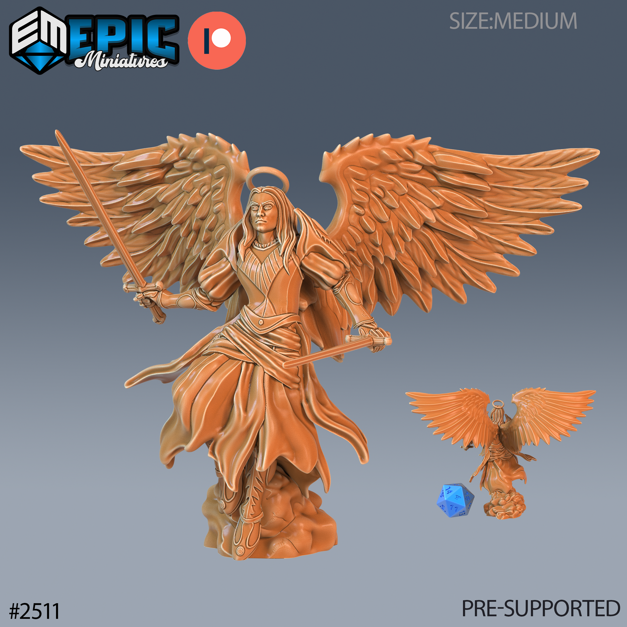 Winged male angel with two swords raised, wearing layered flowing robes, large spread feathered wings, standing on a rocky scenic base. Sculpt by Epic Miniatures.