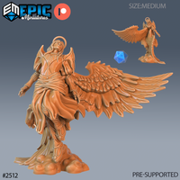 Male angel miniature with head tilted back and arms outstretched, one large feathered wing spread wide, wearing draped robes over an armoured bodice with a halo, standing on a sculpted cloud base. Sculpt by Epic Miniatures.