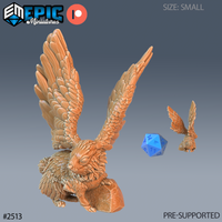 Winged rabbit miniature perched on a rocky base, wings spread wide overhead, detailed layered feathers across large raptor-like wings, fluffy furred body. Sculpt by Epic Miniatures.