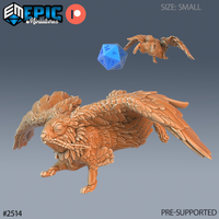 Feathered rabbit miniature sprinting forward with wings swept back, body covered in layered plumage and scales, broad flat face with wide eyes. Sculpt by Epic Miniatures.