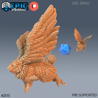 Winged rabbit miniature mid-flight, broad feathered wings fully spread upward, plump feather-covered body, soft tufted haunches, clawed feet dangling, expressive wide eyes. Sculpt by Epic Miniatures.
