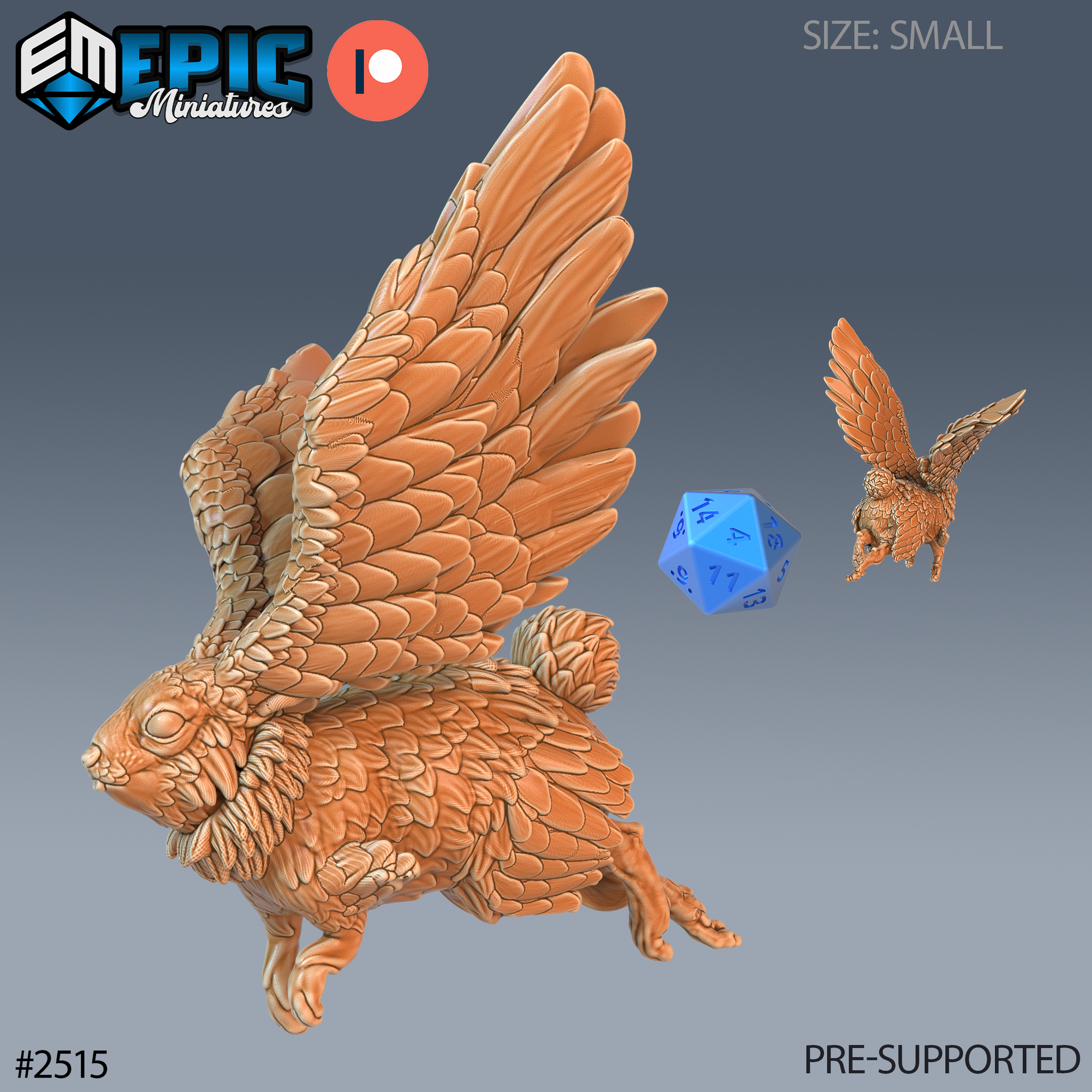 Winged rabbit miniature mid-flight, broad feathered wings fully spread upward, plump feather-covered body, soft tufted haunches, clawed feet dangling, expressive wide eyes. Sculpt by Epic Miniatures.
