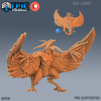 Harpy Beast miniature by Epic Miniatures — large winged creature with broad feathered wings fully spread, scaled torso, exposed musculature, raptor talons, and a fanged open maw with swept-back sensory frills.
