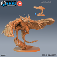 Ferocious winged harpy beast miniature, wings spread wide mid-landing, horned snarling face, scaled muscular torso, taloned feet gripping shattered stone rubble base. Sculpt by Epic Miniatures.